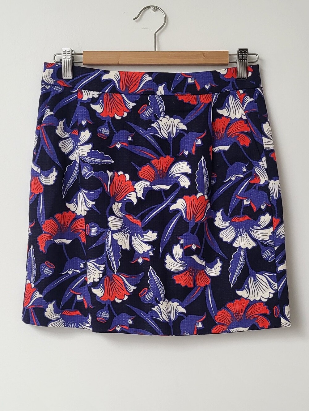 J. Crew Navy Mini Skirt with Red, White & Purple Floral Print